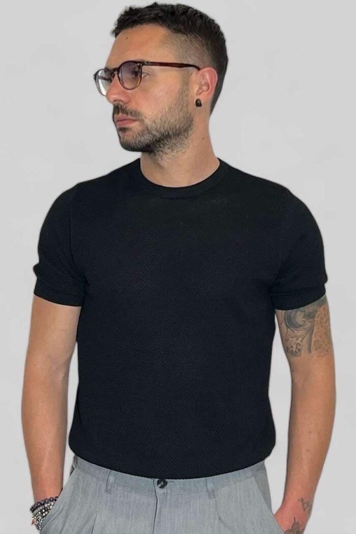 MAGLIA T-SHIRT CASUAL MANICA CORTA NIDO D’APE NERO