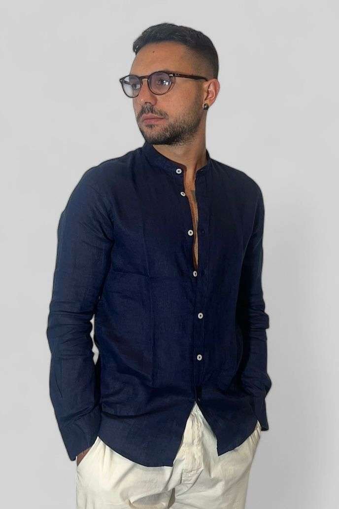 CAMICIA IN LINO COLLO COREANO BLU NOTTE