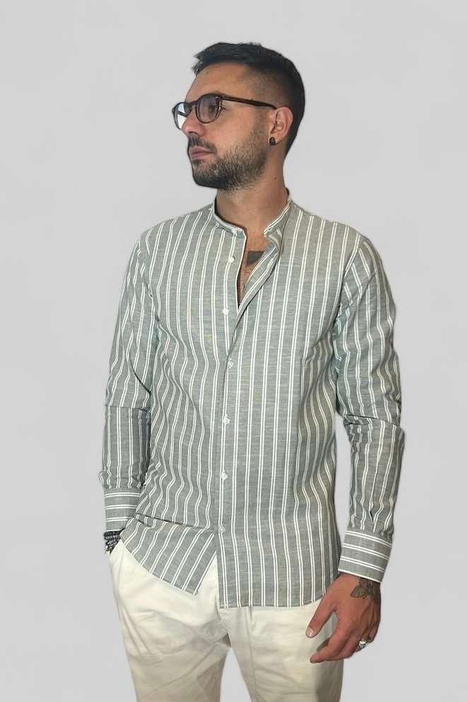 CAMICIA IN LINO COLLO COREANO A RIGHE