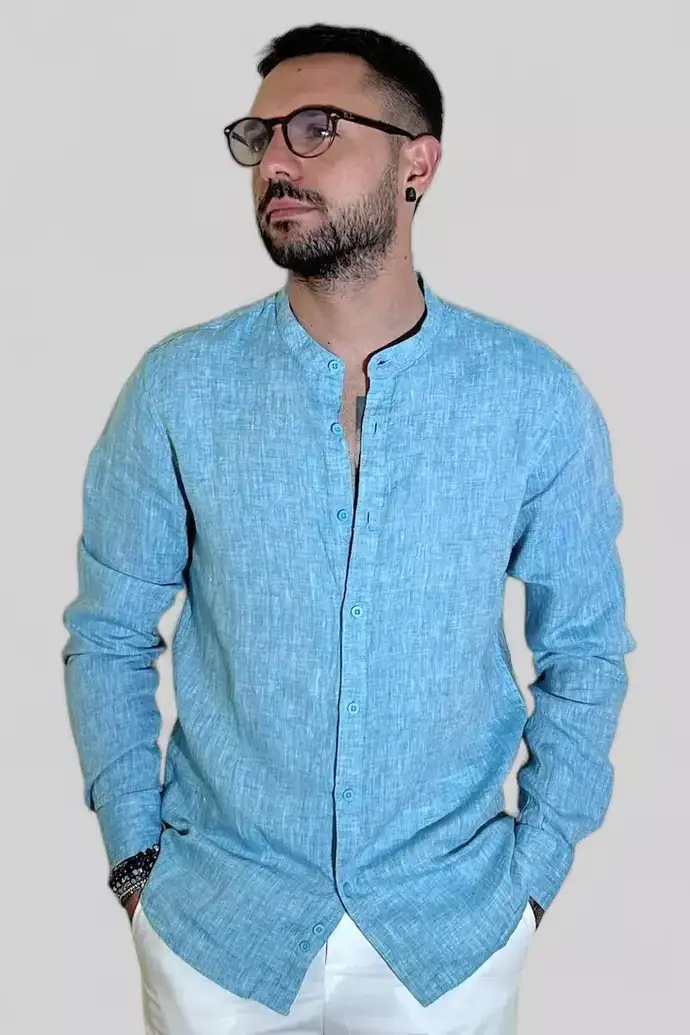 CAMICIA IN LINO COLLO COREANO CELESTE