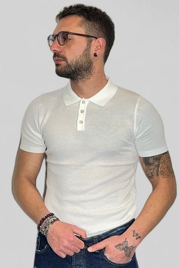 POLO T-SHIRT NIDO D'APE MANICA CORTA CON BOTTONI BIANCO