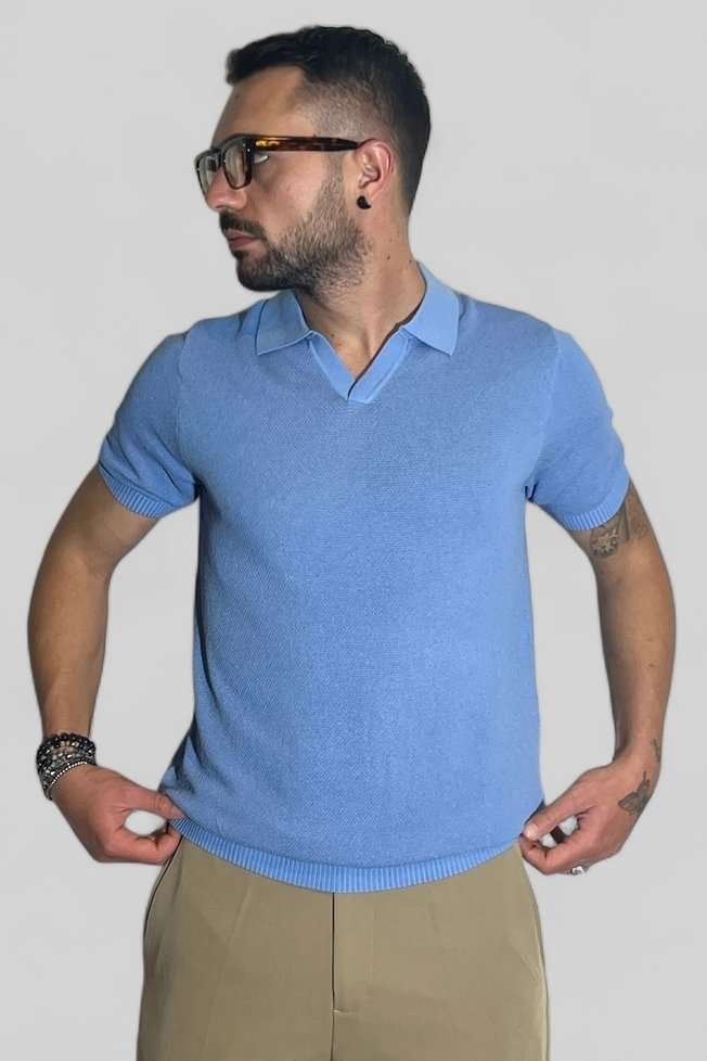 POLO T-SHIRT IN FILO MANICA CORTA SENZA BOTTONI SABBIA CELESTE