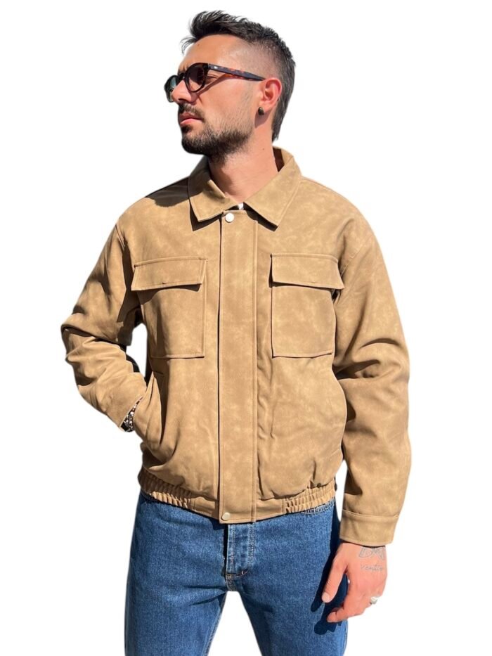 GIACCA UOMO BEIGE CON ZIP E TASCHE FRONTALI